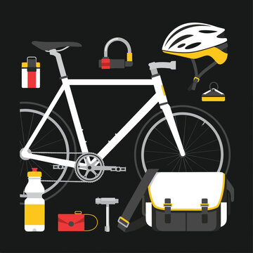 Complete bicycle and commuting gear set including a fixed-gear bike, helmet, lock, water bottle, and messenger bag on black.