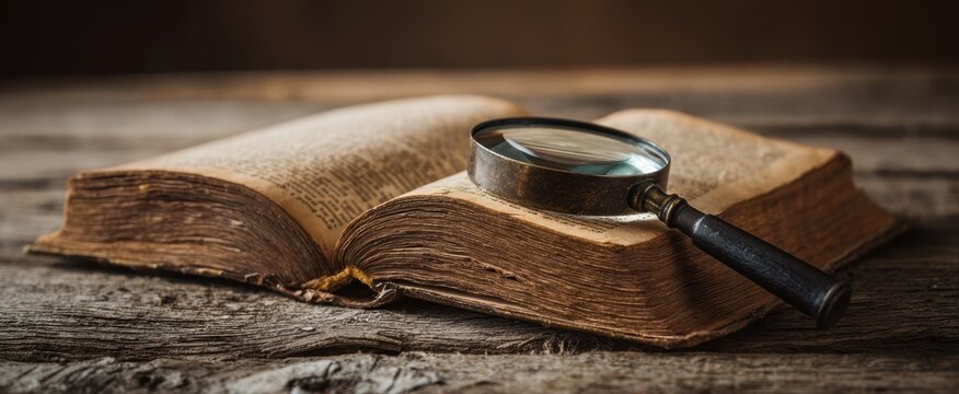 The Book with a Vintage Magnifying Glass on a Rustic Wooden Table - Powered by Adobe