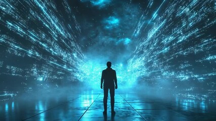 Man standing in digital tunnel connecting to future data - Powered by Adobe