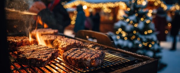 The Steaks on Grill at a Festive Outdoor Christmas Market with Bokeh Lights