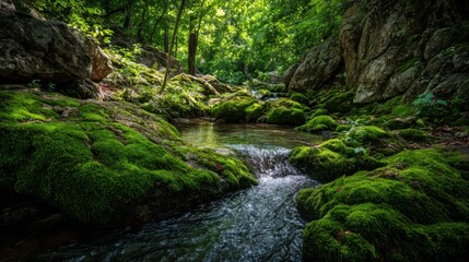 Fototapeta premium Tranquil Forest Stream Surrounded by Vibrant Green Moss and Rocky Outcrops Under Sunlight in a Lush Natural Environment