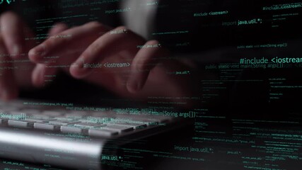 Close-up of hands typing on a laptop keyboard with glowing programming code overlayed on the screen, representing modern technology and software development in action. Xenic - Powered by Adobe