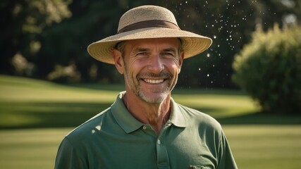Smiling man wearing a straw hat and green shirt with a blurred background of a golf course
