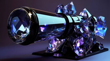 A one-of-a-kind deep-space observation device, lenses crafted from rare crystals, body from polished obsidian, pointed towards a cosmic anomaly