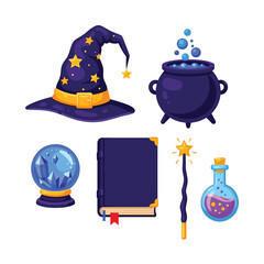 Obraz premium Magical set of wizard and witch items, including a pointy hat, a bubbling cauldron, a crystal ball, and a magic spellbook.