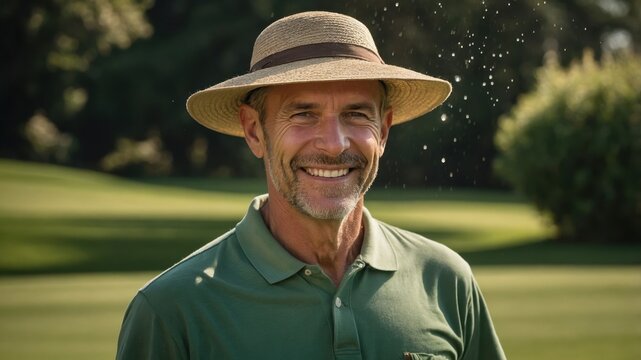 Smiling man wearing a straw hat and green shirt with a blurred background of a golf course - Powered by Adobe