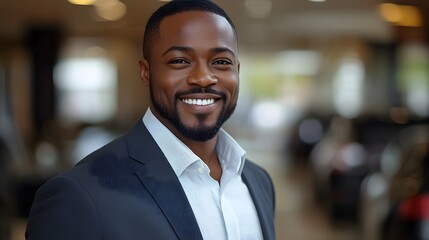 Fototapeta premium Professional man smiles in a business setting during daylight hours in a modern office environment
