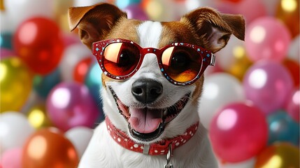 Happy dog wearing colorful sunglasses at a lively party with balloons in the background