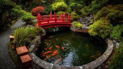 Fototapeta premium Serene Japanese Garden with Red Bridge and Colorful Koi Fish Swimming in Tranquil Pond Surrounded by Lush Greenery