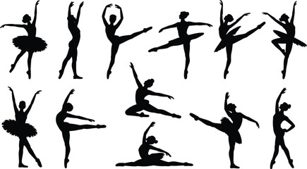 Ballet dancer silhouettes, classical poses, elegant movement, black figures, leotards, tutus, arabesque, plié, graceful form, dance art, choreography, performance,