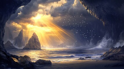 Sunbeams penetrating deep ocean water, illuminating a scattering of marine snow falling towards a dark abyssal cave