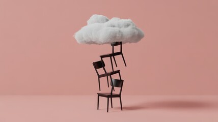 Precarious stack of three chairs with soft fluffy white cloud