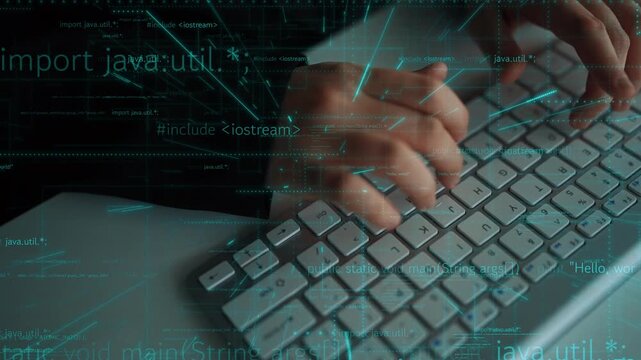 A close-up of hands typing on a modern keyboard, surrounded by digital elements representing coding and technology in a futuristic workspace atmosphere. Xenic