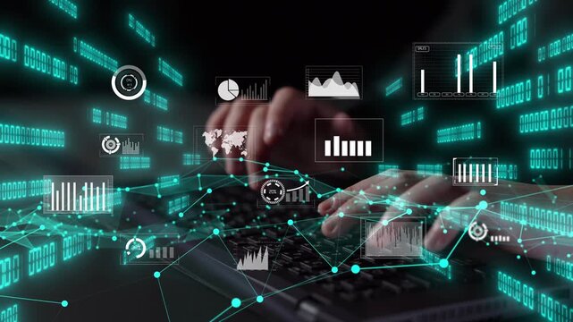 A dynamic scene showcasing hands typing on a keyboard amidst an array of digital graphics and data visualizations, symbolizing technology innovation and data analysis. Xenic