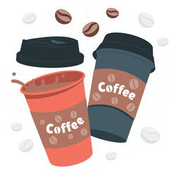 Two coffee cups with coffee beans and splash on white background beverage drink