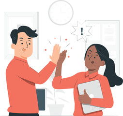 Two colleagues giving high five in office with exclamation mark success achievement