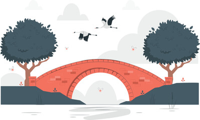 Two cranes flying over a brick bridge with trees birds