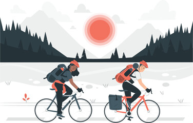 Two cyclists with backpacks riding bicycles in a scenic landscape cycling bike