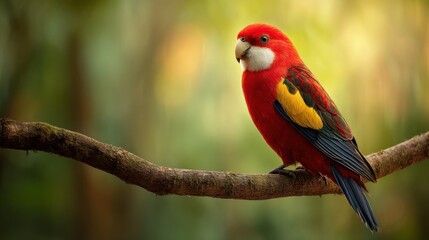 Fototapeta premium Vibrant red bird perched on a branch with lush greenery in the background, showcasing nature's beauty in a tropical setting