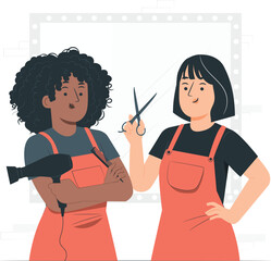 Two diverse women hairdressers with tools in salon hairstylist beauty
