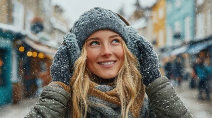 A cheerful woman adjusting her earmuffs while wearing layered winter clothing with a puffer jacket lined leggings and sleek leather gloves as snowflakes fall softly in a serene cold weather street sce
