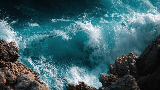 Dramatic Waves Crashing Against Rocky Shoreline Creating Turbulent Sea Foam Under Bright Sunlight in Coastal Landscape