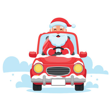 Santa driving small red car through snow , flat vector style