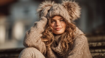 A cozy winter fashion mood shot showing a model seated on stone steps wearing layered wool pieces lined leggings fuzzy earmuffs and smooth leather gloves while soft warm light creates a relaxed season