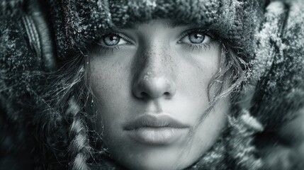 A dramatic winter portrait of a person bundled in multiple knit layers wearing lined leggings warm earmuffs and textured leather gloves with icy wind creating motion in the background for a high impac