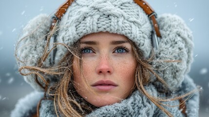 A dramatic winter portrait of a person bundled in multiple knit layers wearing lined leggings warm earmuffs and textured leather gloves with icy wind creating motion in the background for a high impac