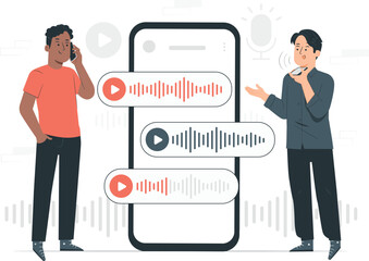 Two men communicating via voice messages on a smartphone communication technology