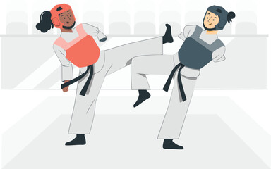 Two martial artists performing kicks in a sparring match martial arts taekwondo