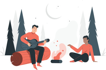 Two men enjoying a campfire and playing guitar in a forest setting camping music