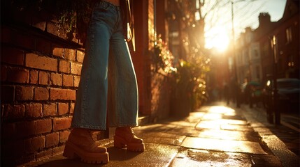 A modern fashion scene featuring cropped wide leg jeans styled with chunky platform boots as warm sunlight reflects off textured pavement for a premium denim and footwear editorial mood