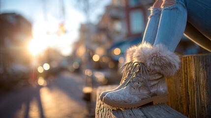 A lifestyle fashion portrait featuring a woman in relaxed fit light wash jeans paired with soft faux fur lined ankle boots with warm sunlight creating a cozy cold weather denim look