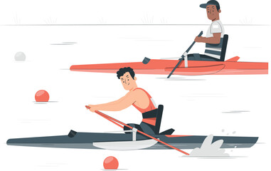 Two men rowing kayaks in a race on water with buoys competition sport