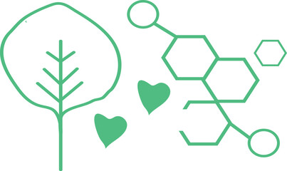 Green leaf and molecular structure with hearts symbolizing nature and science connection