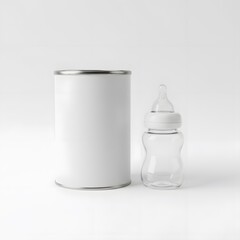 Essential Baby Supplies Formula Can & Bottle on White Background