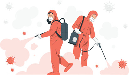 Two people in hazmat suits disinfecting against viruses disinfection coronavirus