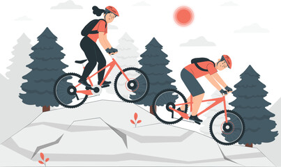 Two People Mountain Biking Down Rocky Trail cycling sport