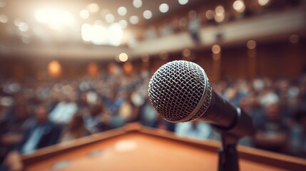 Microphone on a podium with a blurred seminar room or conference audience in the background. High quality