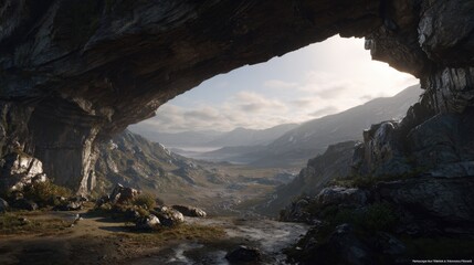 Obraz premium Majestic Cave Opening with Scenic Valley and Mountains Under a Bright Sky in a Serene Natural Landscape
