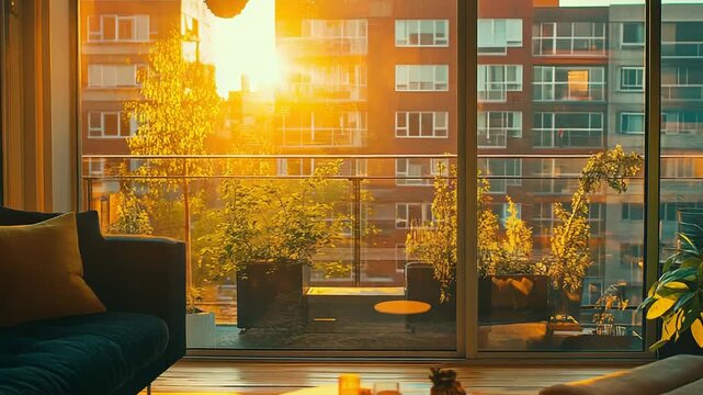 Cozy living apartment living room viewing city sunset