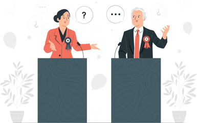 Two politicians debating at podiums with question marks debate election