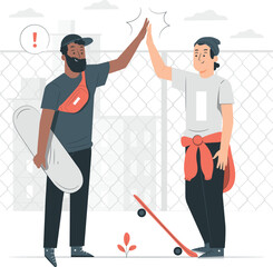 Two Skateboarders High-Fiving with Skateboards vector illustration