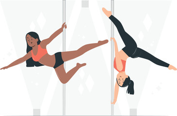 Two women performing pole dancing routines on white background fitness exercise