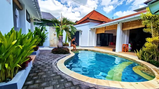 Woman gracefully entering pool in Kuta Selatan, Bali, in slow-motion capture