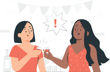 Two women toasting with shots at a party with exclamation mark celebration cheers