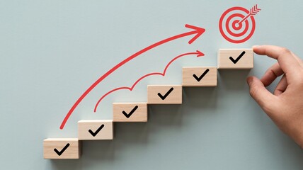 Achieve your goals step by step with this visual representation of progress, marked by checkmarks leading to a bullseye target.