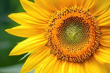 Obraz premium A vibrant sunflower with a bright yellow center and radiating orange petals, set against a backdrop of green foliage.
